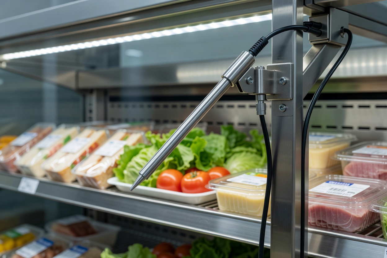Calibrated digital temperature sensor probe mounted inside a commercial food display case
