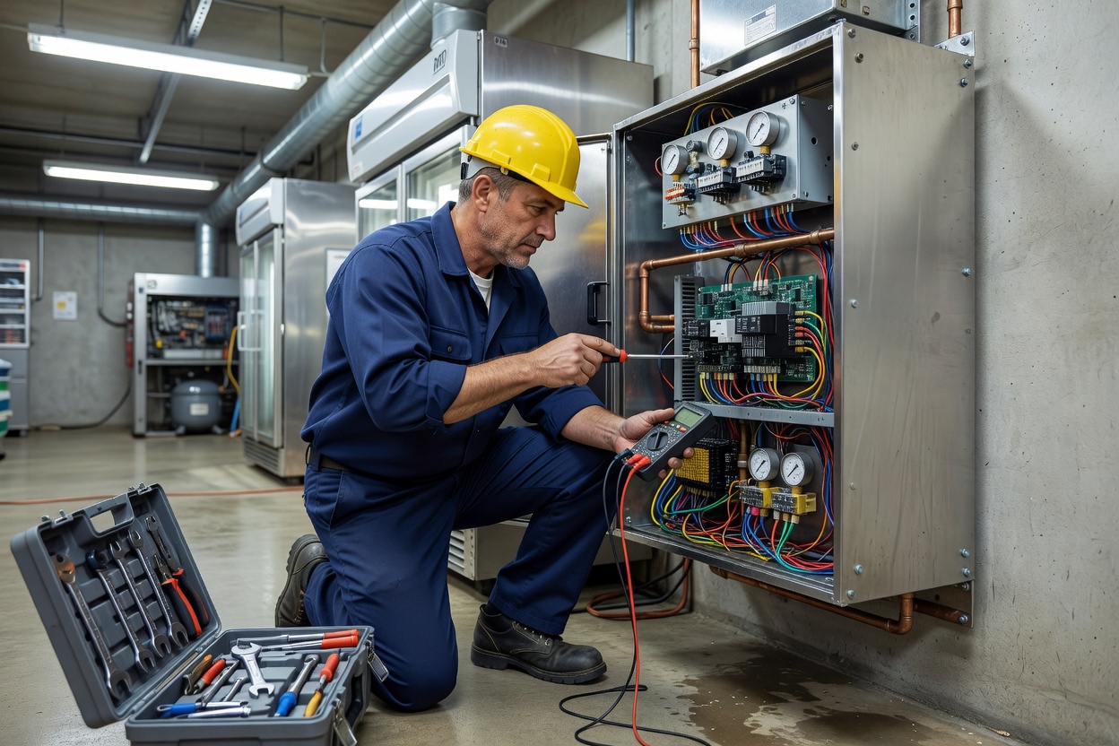 Certified refrigeration technician performing electrical and mechanical inspection on supermarket pack controller