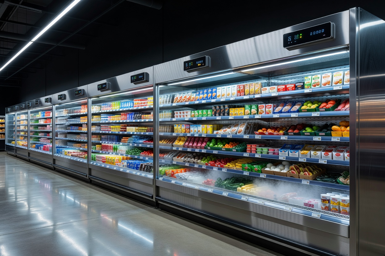 Commercial supermarket multi-deck refrigerated aisles with digital monitoring sensors and stainless steel display cases