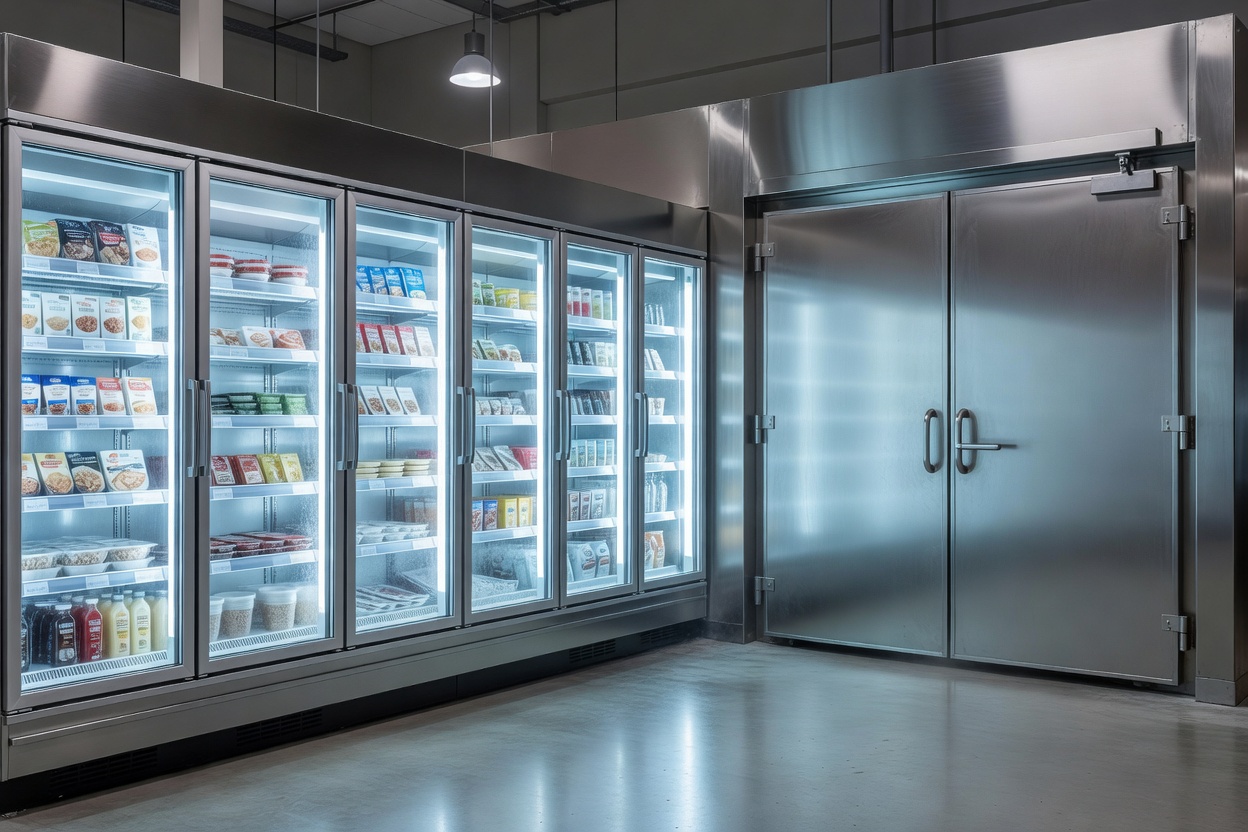 Glass door refrigerated display cases and heavy-duty cold room walk-in entry doors