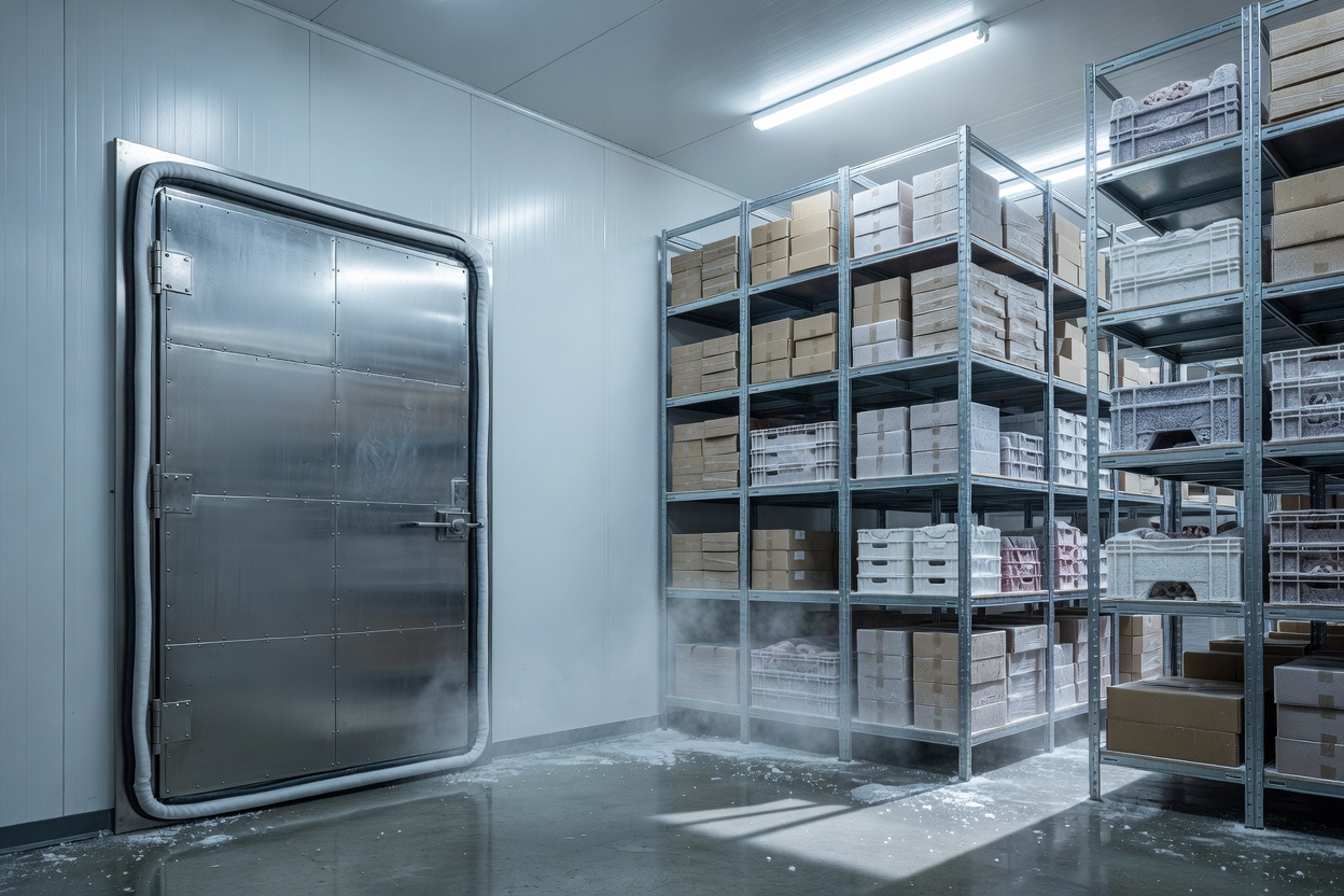 Heavy duty supermarket cold storage room insulated door and interior shelving racks