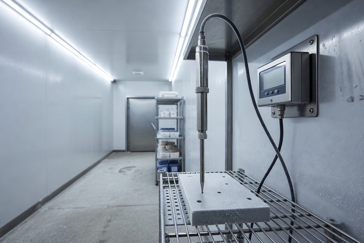 Precision digital temperature probe calibrated inside a commercial walk-in cold room