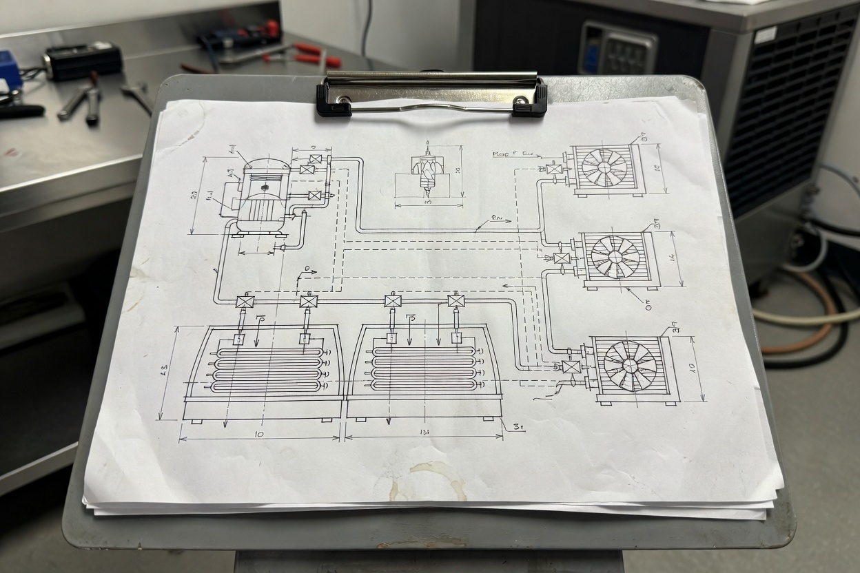 Preventive maintenance schedule clipboard with technical schematic drawings for supermarket refrigeration