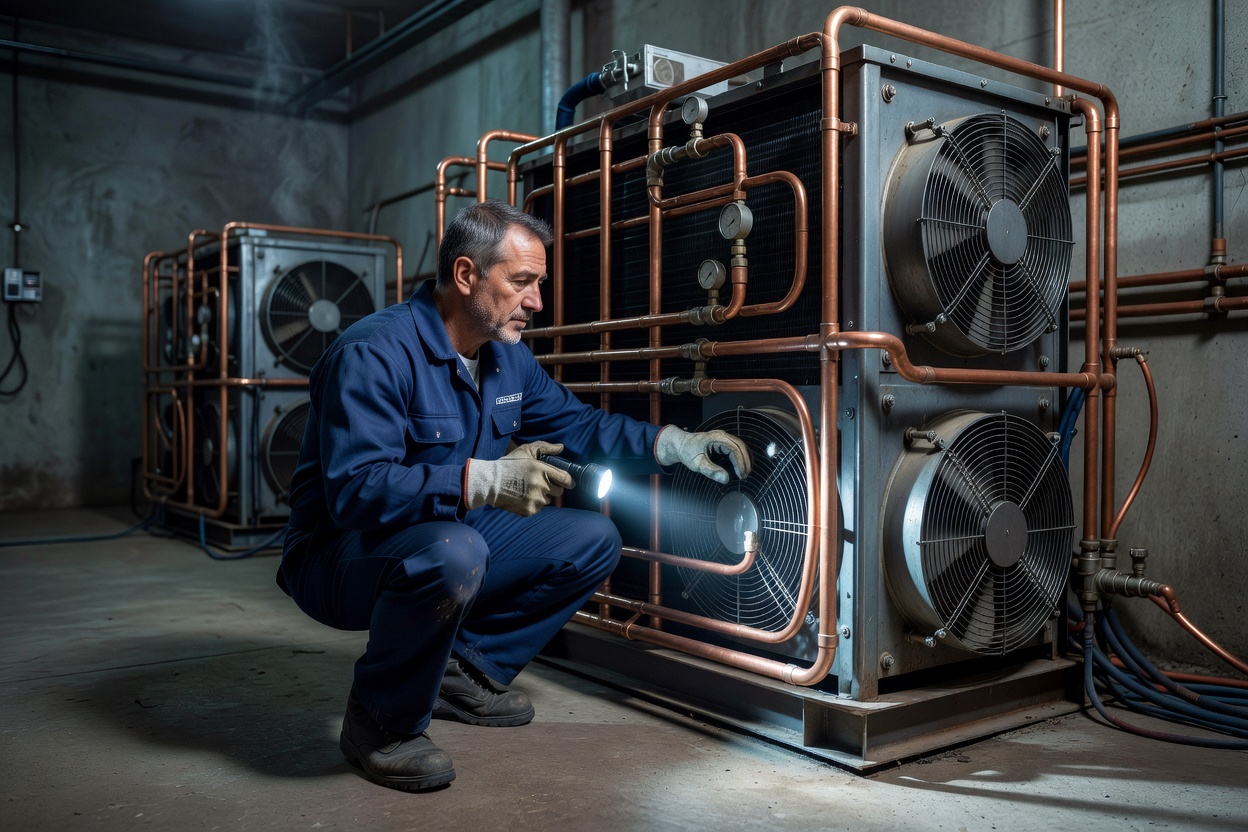 Refrigeration service technician inspecting commercial compressor condenser fans and piping