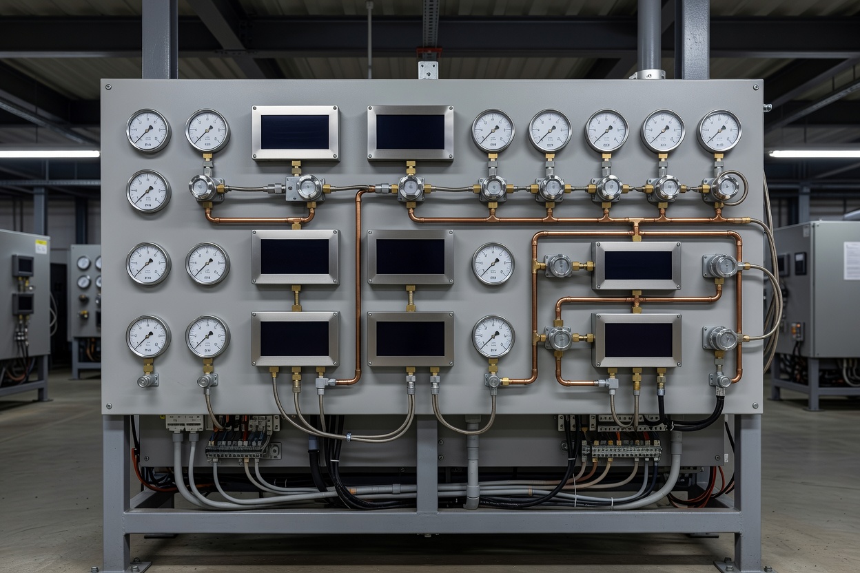 Supermarket compressor rack monitoring panel with digital controller gauges and pressure sensors