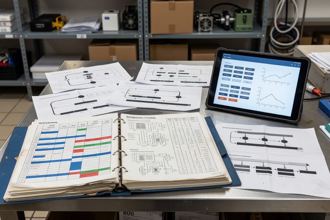 Supermarket facility operations schedule and refrigeration asset tracking documentation